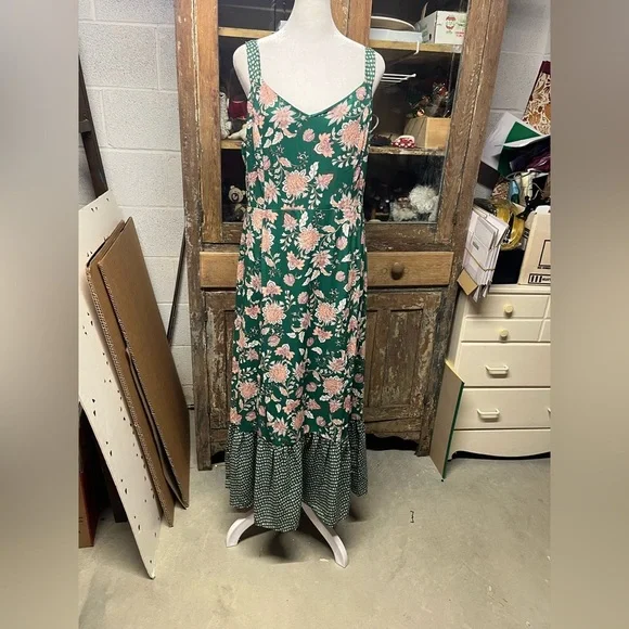 Mila Mae Green Peach Floral Sleeveless Dress Ruffle Hem Size L - Picture 2 of 8